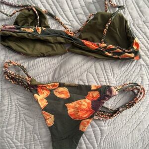 San Lorenzo Green and Orange Bikini with Braided Straps small reversible kini